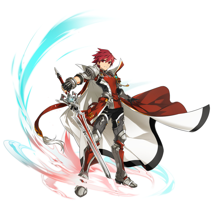 armor artist_request black_gloves black_pants boots brooch cape elsword elsword_(character) fingerless_gloves full_body gloves highres holding holding_sword holding_weapon jewelry knight_emperor_(elsword) looking_at_viewer male_focus metal_boots pants popped_collar red_eyes red_hair smile solo standing sword tassel thigh_boots thighhighs transparent_background weapon