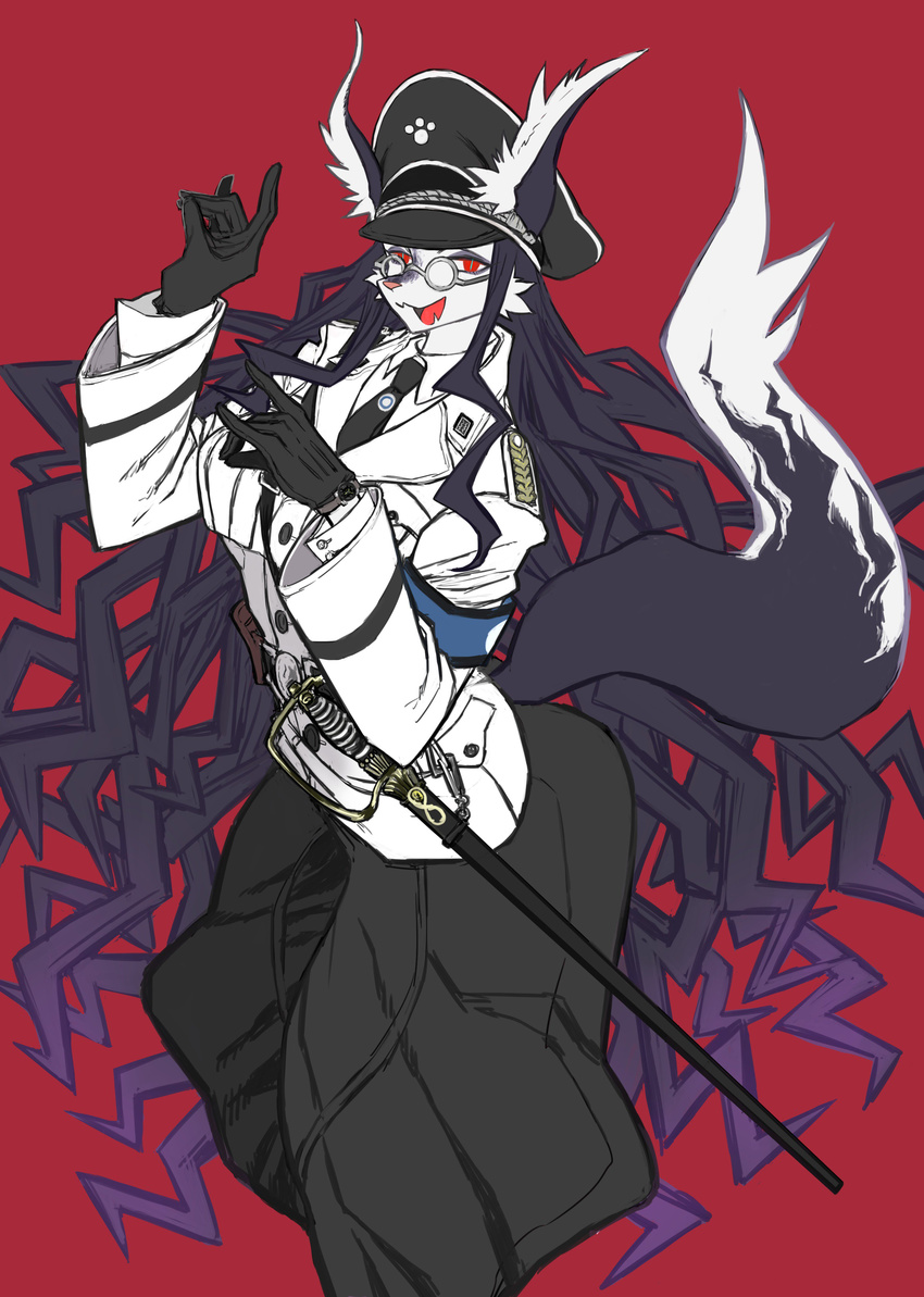anthro black_hair blue_pupils canine clothed clothing dipstick_tail eyewear female fur glasses gloves hair hat j89092378 jacket long_hair mammal melee_weapon military_uniform multicolored_tail necktie open_mouth pants peaked_cap rapier red_eyes scabbard solo sword teeth tongue uniform weapon white_fur