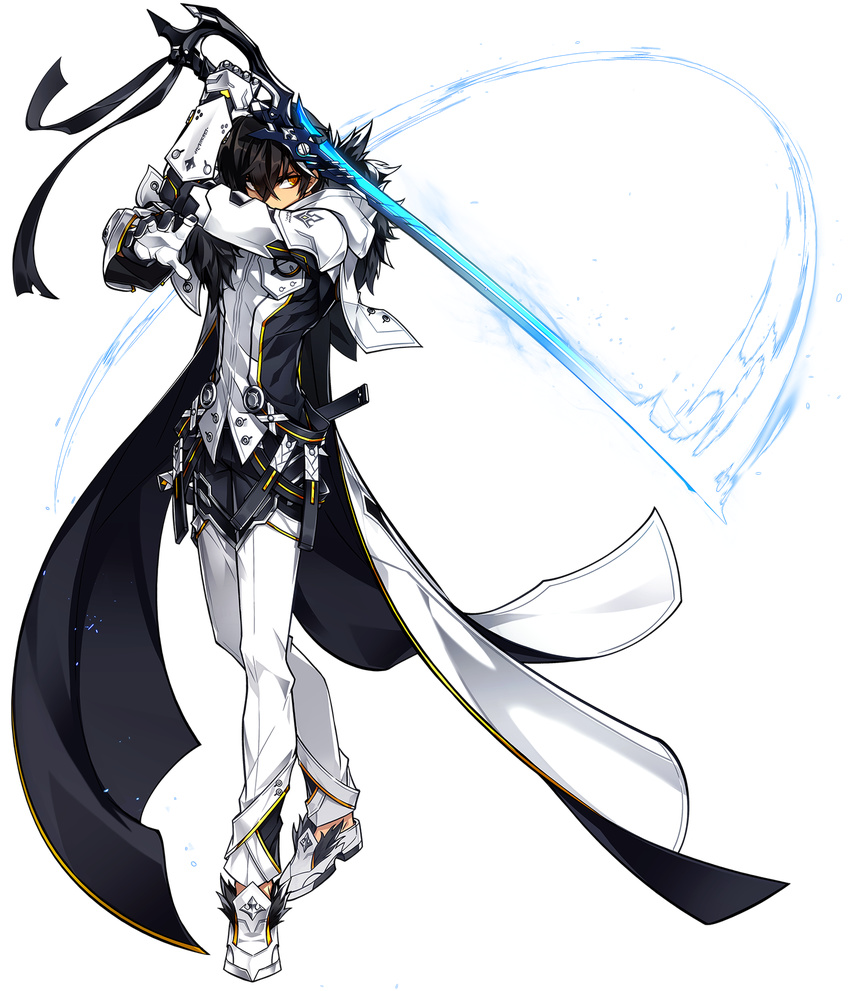 armor artist_request black_hair buckle elsword full_body fur_trim furious_blade_(elsword) gloves highres holding holding_sword holding_weapon left-handed looking_at_viewer male_focus official_art pants raven_(elsword) shoes solo standing sword transparent_background weapon white_coat white_footwear white_pants yellow_eyes