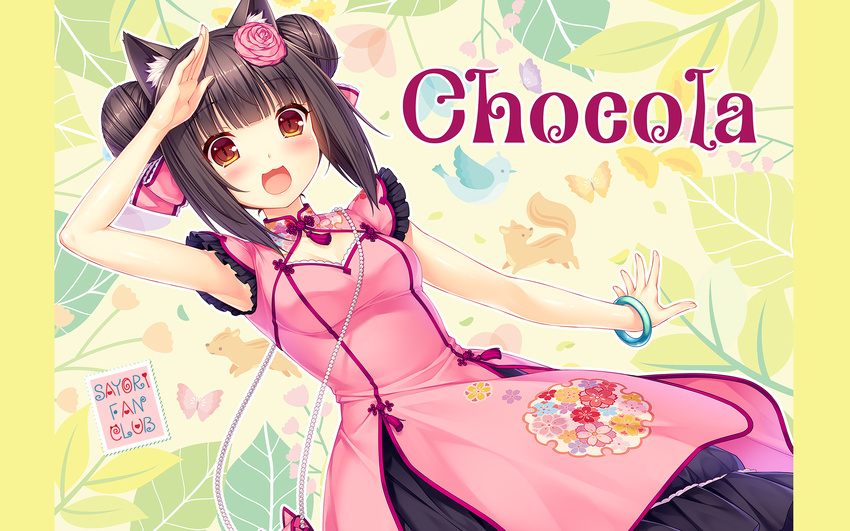 :3 :d animal_ears arm_up armpits artist_name bangs bird blunt_bangs breasts brown_eyes bug butterfly cat_ears character_name chinese_clothes chocola_(sayori) cleavage_cutout double_bun dress eyebrows_visible_through_hair fanbox_reward flower hair_flower hair_ornament hair_ribbon happy highres insect leaf leaf_background lolita_fashion looking_at_viewer medium_breasts nekopara official_art open_mouth paid_reward pink_dress pink_ribbon qi_lolita ribbon salute sayori sleeveless sleeveless_dress slit_pupils smile solo wallpaper