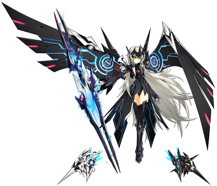 artist_request black_footwear black_legwear black_leotard black_wings boots code:_ultimate_(elsword) cropped_jacket elsword eve_(elsword) expressionless floating full_body gloves highres knee_boots leotard long_hair moby_(elsword) official_art remy_(elsword) robot solo thighhighs transparent_background weapon white_hair wings yellow_eyes