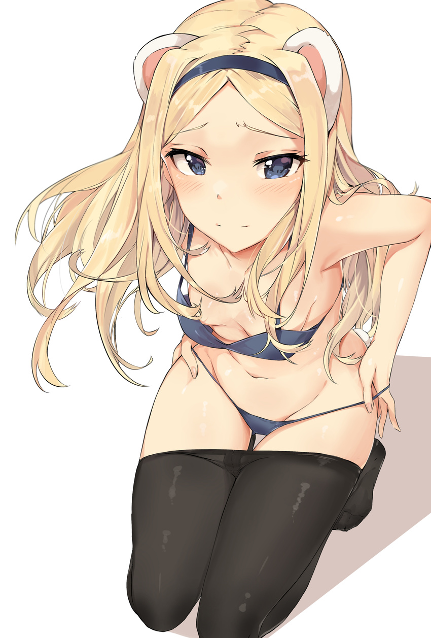 absurdres aleksandra_i_pokryshkin bangs bare_arms bare_shoulders bear_girl black_hairband black_legwear blonde_hair blue_bra blue_eyes blue_panties blush bra brave_witches breasts closed_mouth collarbone crotch_seam groin hairband highres kneeling long_hair looking_at_viewer navel no_shoes oversized_breast_cup oversized_clothes panties panty_pull pantyhose parted_bangs shiny shiny_skin simple_background small_breasts smile solo stomach thigh_gap tuxedo_de_cat underwear underwear_only very_long_hair white_background world_witches_series