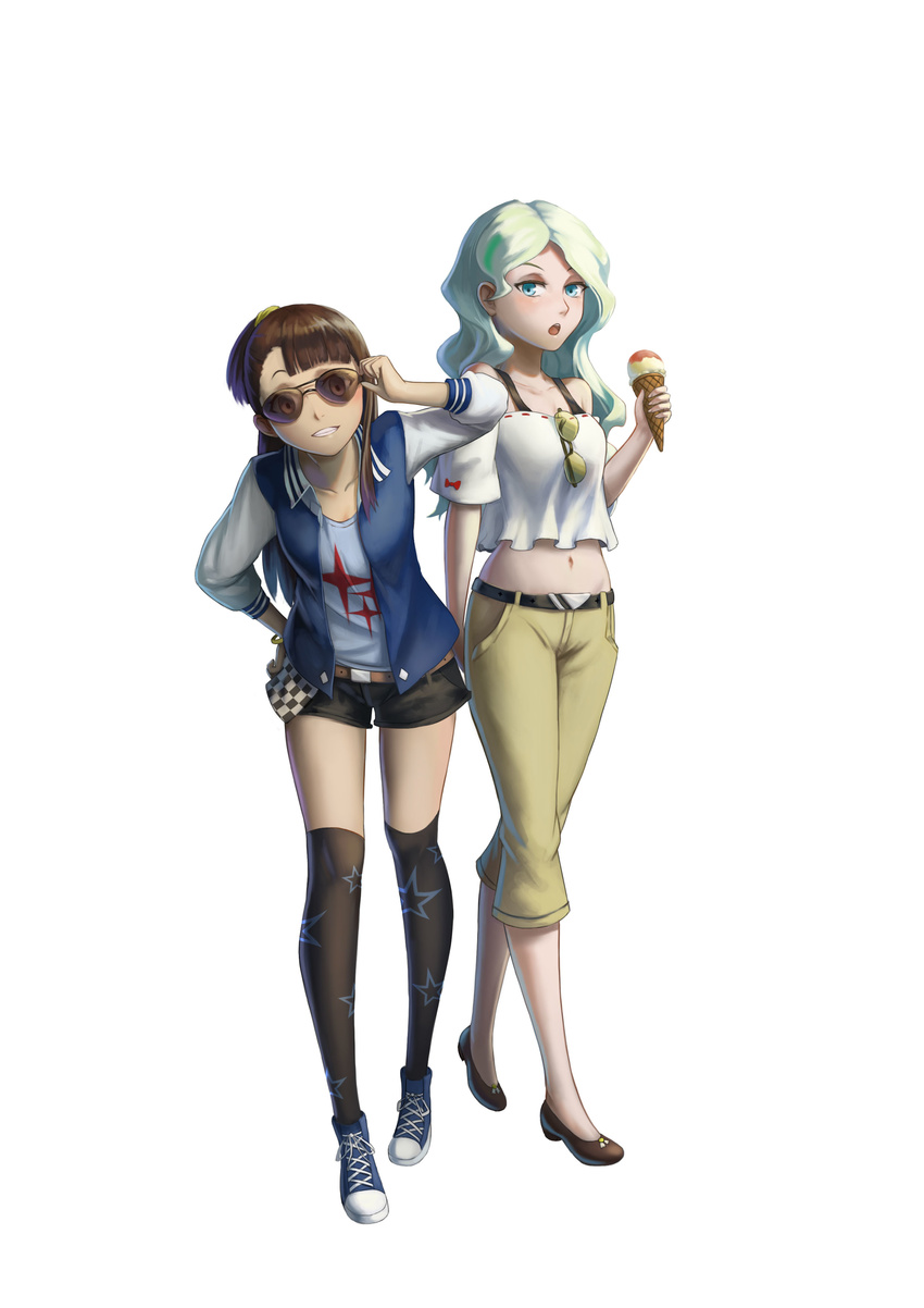 absurdres adjusting_eyewear alternate_costume asymmetrical_bangs bangs bare_shoulders belt blonde_hair blue_eyes blue_vest breasts brown_hair capri_pants casual chain cloud diana_cavendish eyewear_removed food full_body groin gy_(l964625780) heart highres ice_cream ice_cream_cone jacket kagari_atsuko leaning_forward letterman_jacket little_witch_academia long_hair long_sleeves looking_at_viewer medium_breasts midriff multiple_girls navel open_mouth over-kneehighs pants print_legwear print_shirt ribbon-trimmed_shirt ribbon_trim shirt short_ponytail sky sparkle_print star star_print thighhighs vest waffle_cone