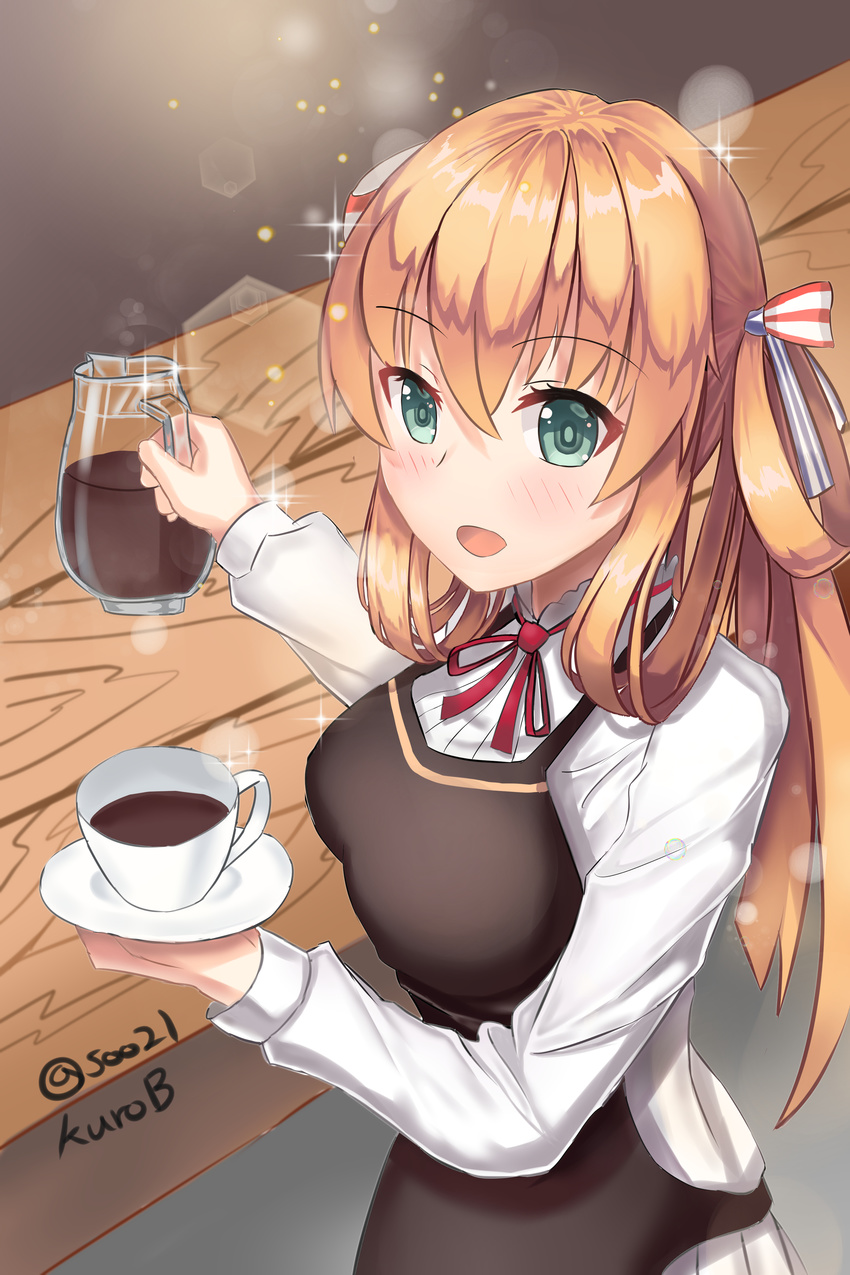 absurdres alternate_costume apron barista blush breasts brown_hair coffee coffee_mug commentary cup eyebrows_visible_through_hair eyes_visible_through_hair from_side girls_frontline green_eyes hair_between_eyes hair_bun hair_ribbon highres holding_jug holding_saucer jug kurobe long_hair long_sleeves looking_at_viewer m1903_springfield_(girls_frontline) medium_breasts mug open_mouth red_ribbon ribbon saucer shirt smile solo sparkle table white_shirt