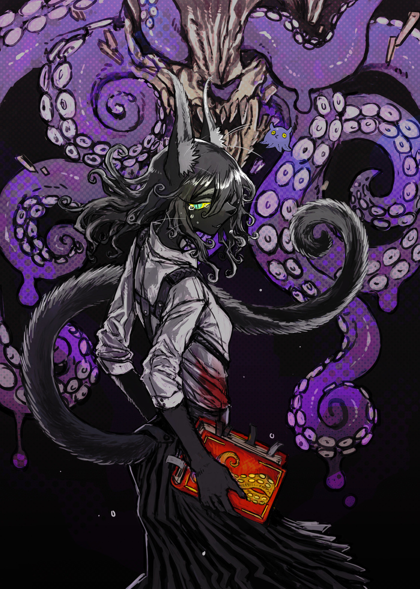 anthro big_ears black_fur black_hair blue_eyes book clothed clothing crying feline female fur hair holding_object j89092378 long_hair mammal shirt skirt slit_pupils smile solo suspenders tears teeth tentacle_monster tentacles yellow_sclera