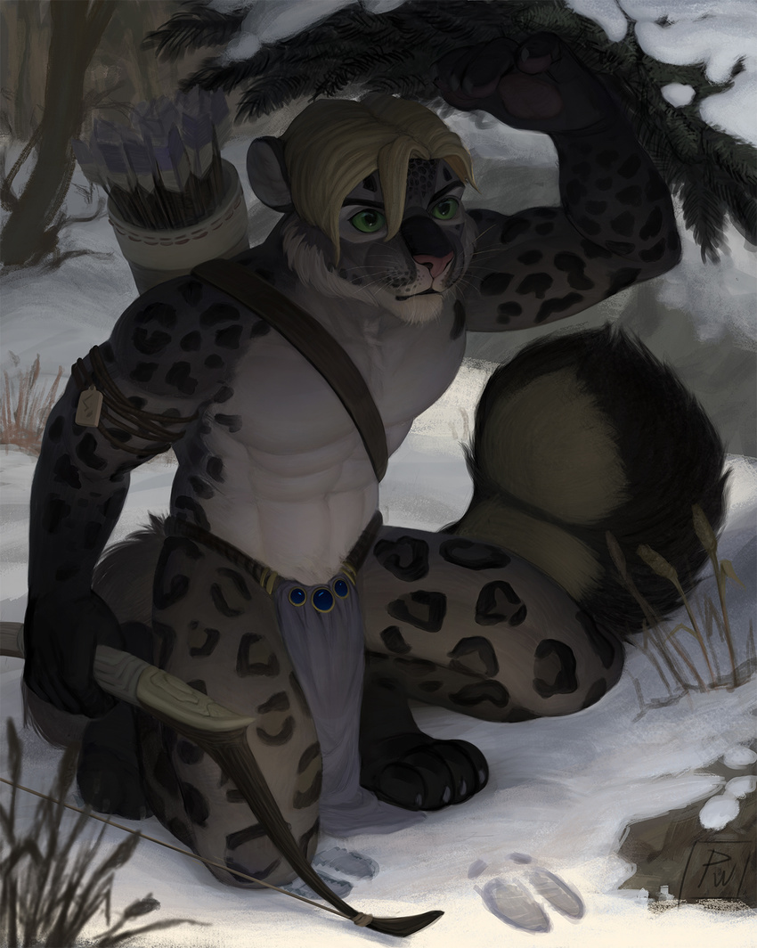 2017 5_fingers anthro arrow blonde_hair bow bow_(weapon) branch brown_fur claws clothed clothing cold cover dark_fur dark_paws digital_media_(artwork) feline footprint footprints forest fur gray_ears green_eyes grey_claws grey_ears grey_fur hair hi_res hide_(disambiguation) hiding holding_(disambiguation) holding_object holding_weapon hunting invalid_tag jewelry leopard light_fur light_hair male mammal necklace outside paws plant poisewritik ranged_weapon seeking short_hair sitting sneak sneaking snow snowpard solo toe_claws tree tuft weapon white_ears white_fur winter