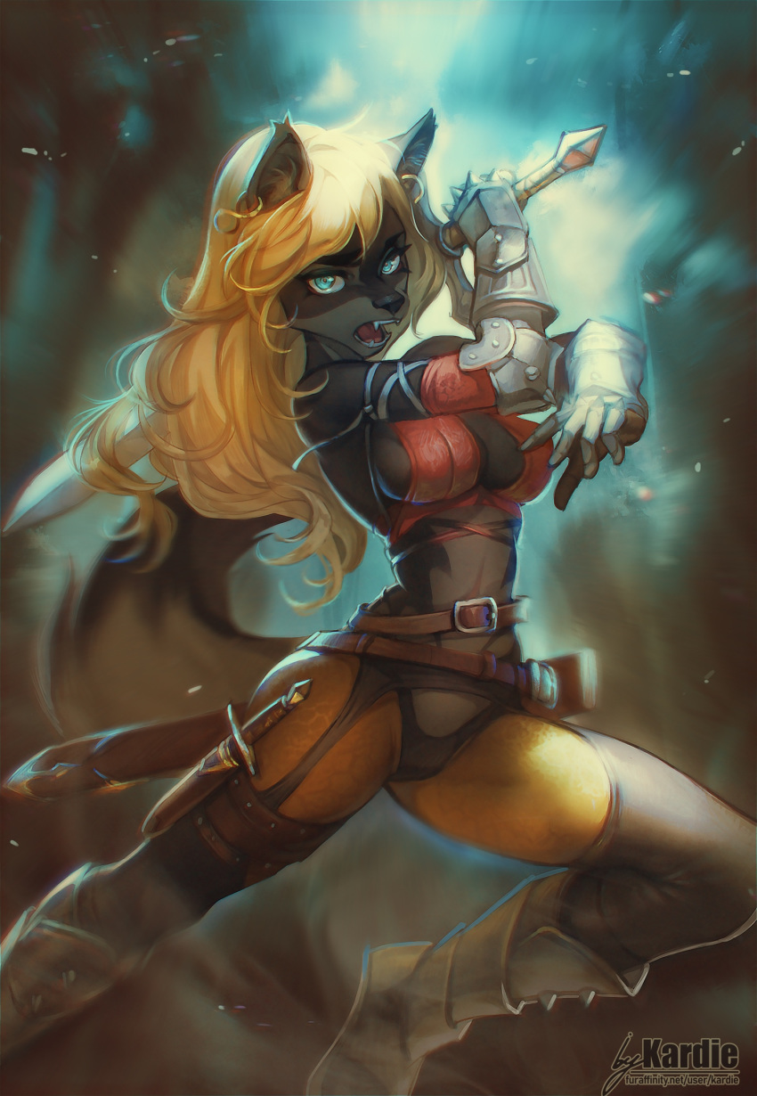 2019 5_fingers anthro armor black_nose blue_eyes breasts canid canine clothed clothing digital_media_(artwork) fantasy female holding_object holding_weapon kardie looking_at_viewer mammal melee_weapon sword unconvincing_armor weapon