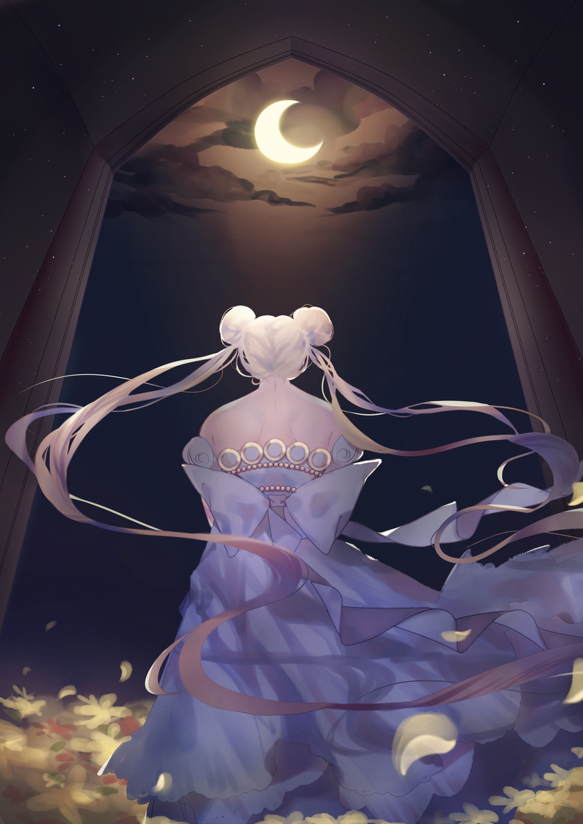 absurdres backless_dress backless_outfit ballpoint_pen_(medium) bare_back bishoujo_senshi_sailor_moon blonde_hair crescent_moon doorway double_bun dress facing_away floating_hair from_behind graphite_(medium) highres long_hair mechanical_pencil moon moonlight night pencil princess_serenity quose solo standing strapless strapless_dress traditional_media tsukino_usagi twintails very_long_hair white_dress wind