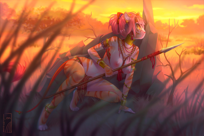 2017 anthro areola big_breasts breasts clothed clothing digital_media_(artwork) feline female hair hunting hybrid levaligress liger long_hair mammal melee_weapon nipples outside pink_hair savanna simple_background solo stripes topless weapon