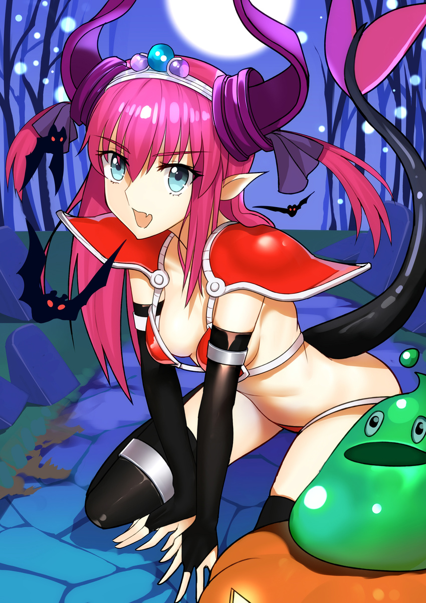 absurdres animal arm_support armor bad_id bad_pixiv_id bangs bare_tree bat besmiled bikini bikini_armor black_legwear blue_eyes breasts bridal_gauntlets commentary_request curled_horns dragon_horns dragon_tail elizabeth_bathory_(brave)_(fate) elizabeth_bathory_(fate)_(all) eyebrows_visible_through_hair fate/grand_order fate_(series) full_moon hair_between_eyes hair_ribbon halloween highres horns jack-o'-lantern kneeling long_hair looking_away moon navel night night_sky outdoors oversized_clothes pauldrons pink_hair pointy_ears purple_ribbon red_armor red_bikini ribbon silver_trim sky slime small_breasts solo string_bikini swimsuit tail tail_raised thighhighs tiara tombstone tree two_side_up v_arms