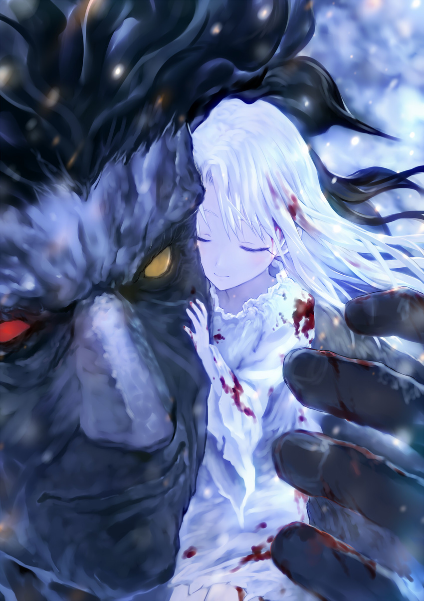 1girl bangs berserker black_hair blood bloody_clothes bob_(biyonbiyon) closed_eyes closed_mouth commentary_request dress eyebrows_visible_through_hair fate/stay_night fate_(series) fingernails hair_between_eyes heterochromia highres hug illyasviel_von_einzbern long_hair red_eyes sitting sitting_on_shoulder size_difference smile snowing very_long_hair white_dress white_hair yellow_eyes
