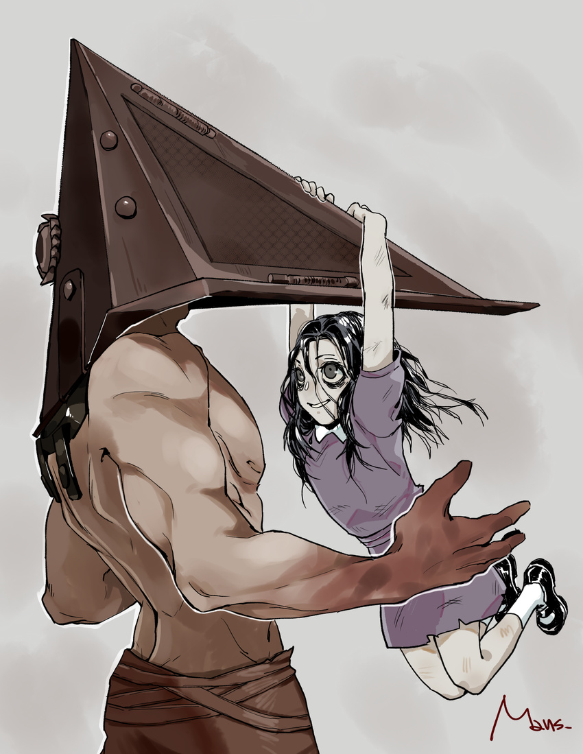 1girl alessa_gillespie apron blood commentary dress hat helmet highres long_hair mmmmaus monster pyramid_head silent_hill silent_hill_(movie)