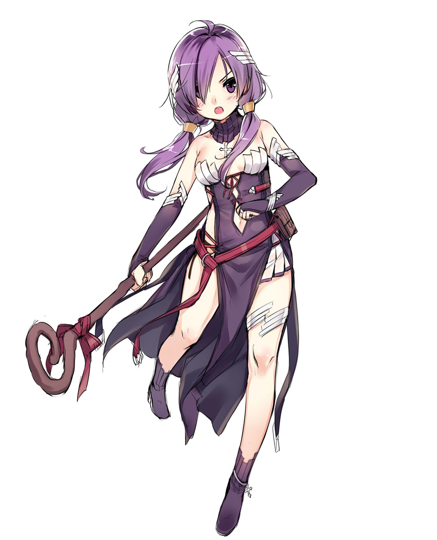 absurdres ahoge aisha_(elsword) alternate_costume argyle_cutout blush breasts bridal_gauntlets choker cleavage cross dress elemental_master_(elsword) elsword full_body hair_between_eyes hair_ornament highres holding holding_staff kuro_(kuronell) leg_up long_hair looking_at_viewer low_twintails navel navel_cutout open_mouth purple_dress purple_eyes purple_footwear purple_hair red_ribbon ribbon simple_background sketch sleeveless sleeveless_dress small_breasts solo staff standing standing_on_one_leg strapless strapless_dress twintails white_background