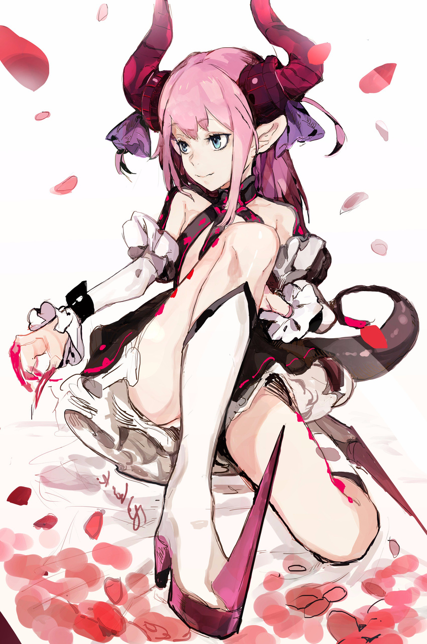 absurdres asymmetrical_horns bangs black_dress blue_eyes boots closed_mouth curled_horns detached_sleeves dragon_tail dress elizabeth_bathory_(fate) elizabeth_bathory_(fate)_(all) eyebrows_visible_through_hair fate/extra fate/extra_ccc fate/grand_order fate_(series) fingernails hair_between_eyes hair_ribbon high_heel_boots high_heels highres hiranko horn_ornament horns knee_boots long_hair long_sleeves looking_away looking_to_the_side panties petals pink_hair pointy_ears purple_ribbon ribbon sharp_fingernails sitting sketch sleeves_past_wrists smile solo spiked_boots spikes tail two_side_up underwear white_background white_footwear white_panties