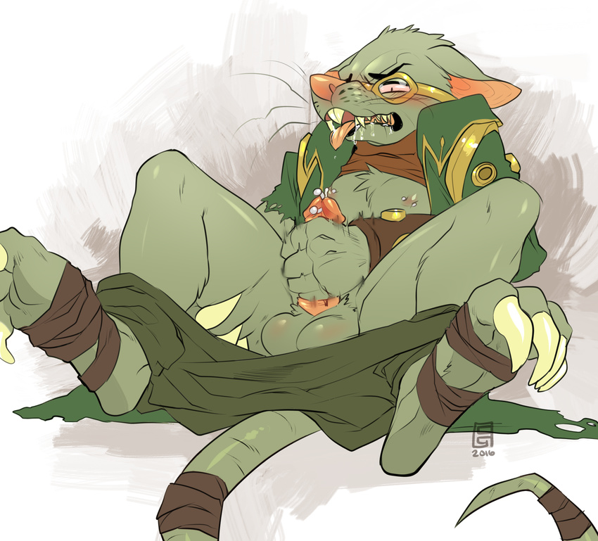 2016 3_toes anthro balls blush chest_tuft claws clothed clothing colored cum cumshot digital_drawing_(artwork) digital_media_(artwork) digitigrade ejaculation enjoipandas erection eyebrows fangs fur genital_piercing glans green_clothing green_fur head_tuft hi_res humanoid_penis jacket league_of_legends light male mammal masturbation midriff nipple_piercing nipples orgasm pants pants_down partially_clothed penile_masturbation penis penis_piercing piercing pink_nose pink_tongue prince_albert_piercing pubes rat reclining riot_games rodent shaded sharp_teeth signature simple_background sitting slim solo spread_legs spreading teeth toes tongue tongue_out tuft twitch video_games whiskers white_claws