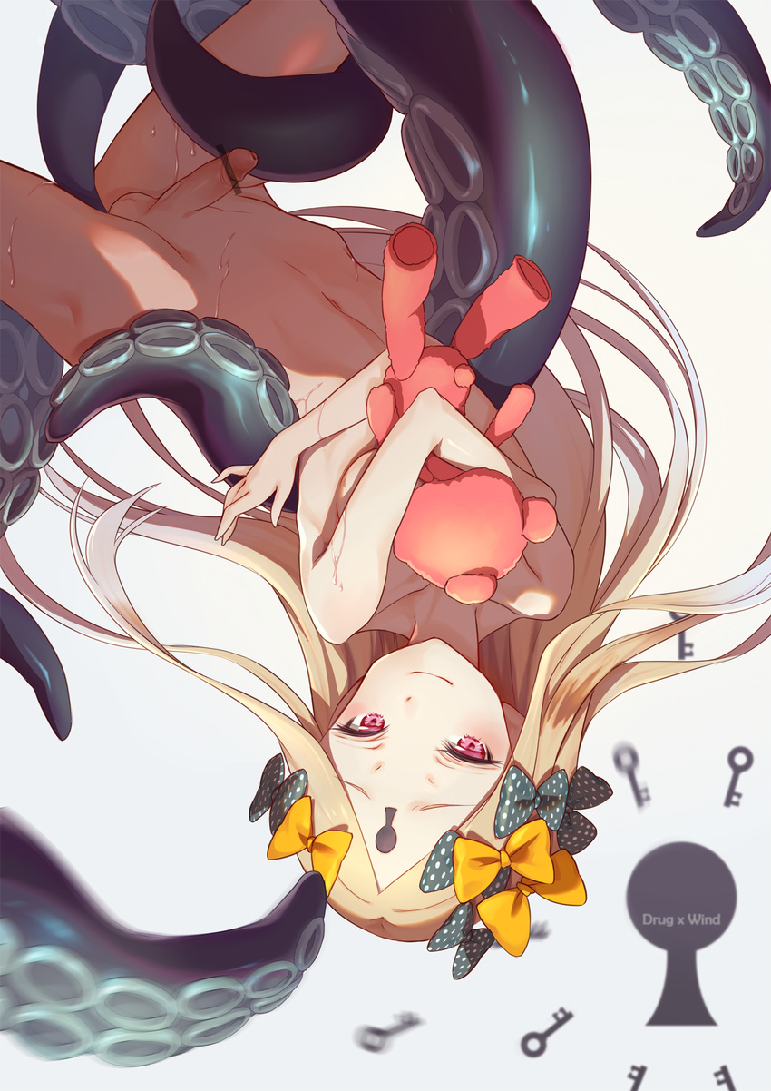 abigail_williams_(fate/grand_order) black_bow blonde_hair bow breasts censored erection fate/grand_order fate_(series) futanari gradient_hair hair_bow highres key keyhole long_hair looking_at_viewer md5_mismatch multicolored_hair navel nude object_hug orange_bow penis pointless_censoring polka_dot polka_dot_bow seductive_smile silver_hair small_breasts smile solo stuffed_animal stuffed_toy sweat tajuu_jinkakuno_kaze teddy_bear tentacles upside-down vaginal very_long_hair