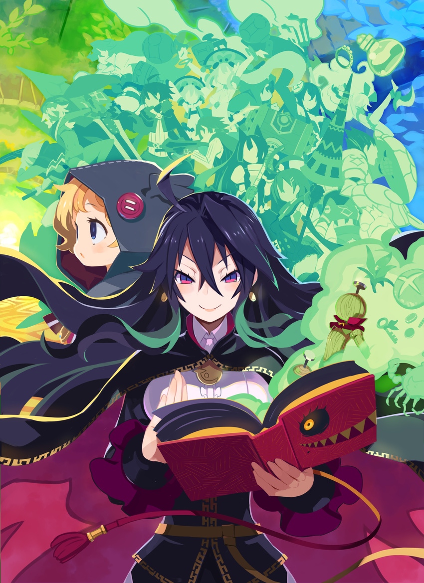 absurdres ahoge aster_knight black_hair blonde_hair blue_eyes book cape child demon_reaper dronia floating_hair gothic_coppelia hair_between_eyes harada_takehito highres holding holding_book hood long_hair long_sleeves looking_at_viewer luca_(coven) mad_raptor marginal_maze multiple_girls official_art peer_fortress pink_eyes refrain_no_chika_meikyuu_to_majo_no_ryodan shinobushi short_hair smile theatrical_star youro_rekitei