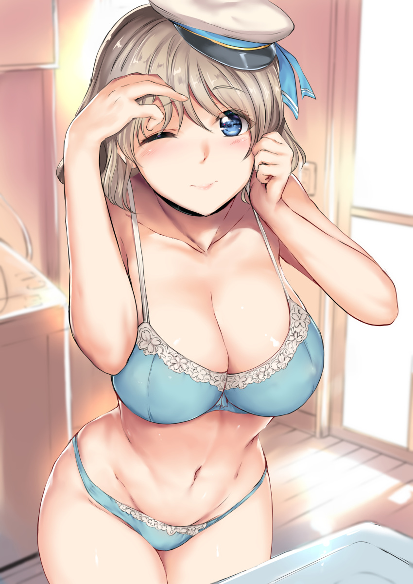 1girl bangs bare_arms bare_shoulders black_choker blue_bra blue_eyes blue_panties blue_ribbon blurry blush bra breasts choker cleavage closed_mouth collarbone commentary_request cowboy_shot depth_of_field door erect_nipples eyebrows_visible_through_hair groin hands_up hat hat_ribbon highres kamishiro_ryuu large_breasts leaning_forward light_switch lingerie looking_at_viewer love_live! love_live!_sunshine!! navel one_eye_closed panties peaked_cap ribbon short_hair sidelocks smile solo standing stomach thighs underwear underwear_only watanabe_you white_hat