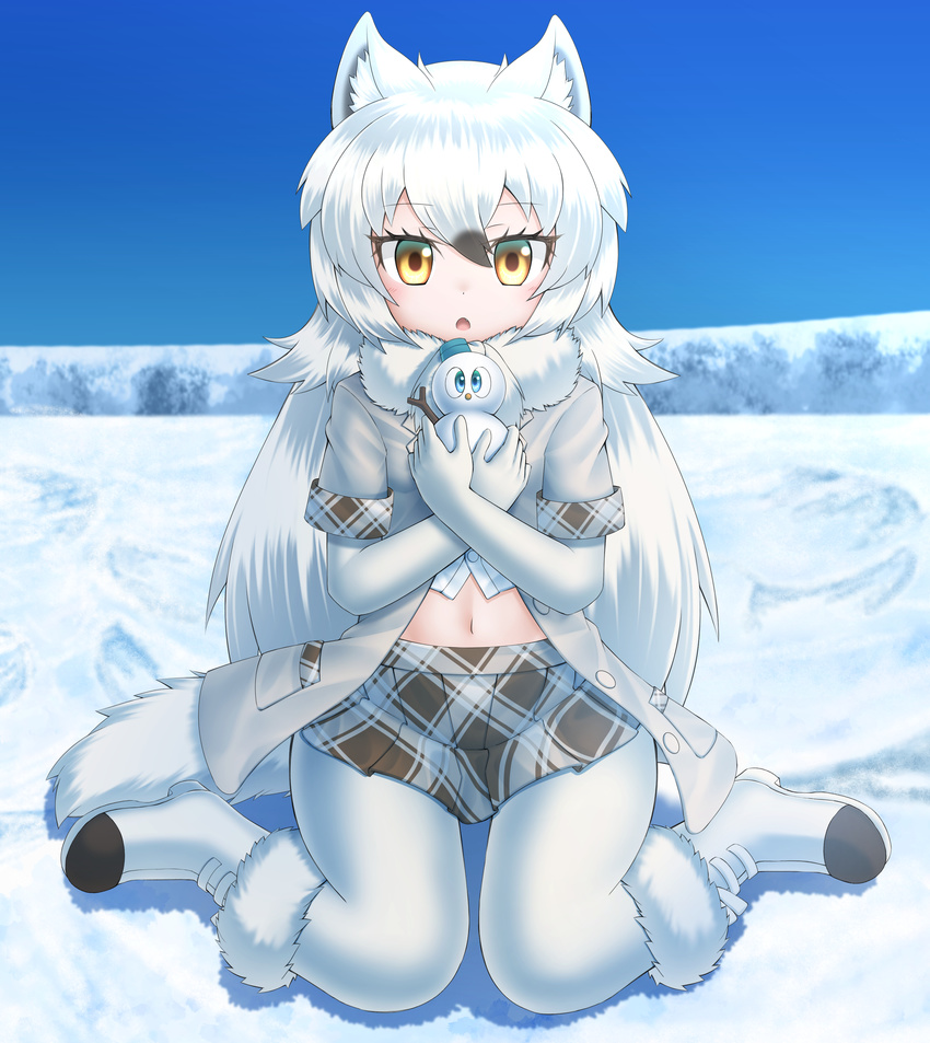 :o absurdres animal_ears arctic_wolf_(kemono_friends) blue_sky boots coat commentary crossed_arms day fang full_body fur-trimmed_boots fur_collar fur_trim hair_between_eyes highres holding kakutasu_(akihiron_cactus) kemono_friends long_hair looking_at_viewer midriff navel outdoors pantyhose plaid plaid_skirt plaid_trim sitting skirt sky snow snowman solo wariza white_coat white_hair white_legwear wolf_ears wolf_girl yellow_eyes