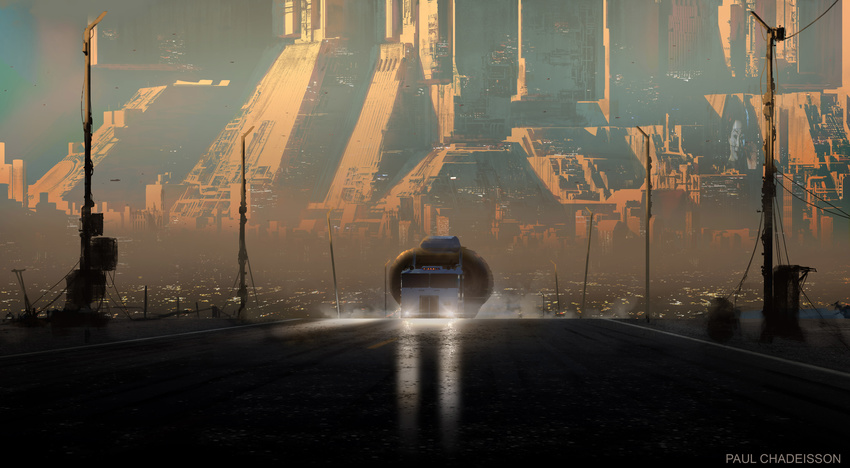 billboard blade_runner blade_runner:_black_out_2022 building cable cityscape commentary cyberpunk dirty dusk dust flying geisha ground_vehicle highres lamppost landscape lights megastructure motor_vehicle official_art official_style paooo post production_art realistic road scenery science_fiction signature smoke spinner truck when_you_see_it