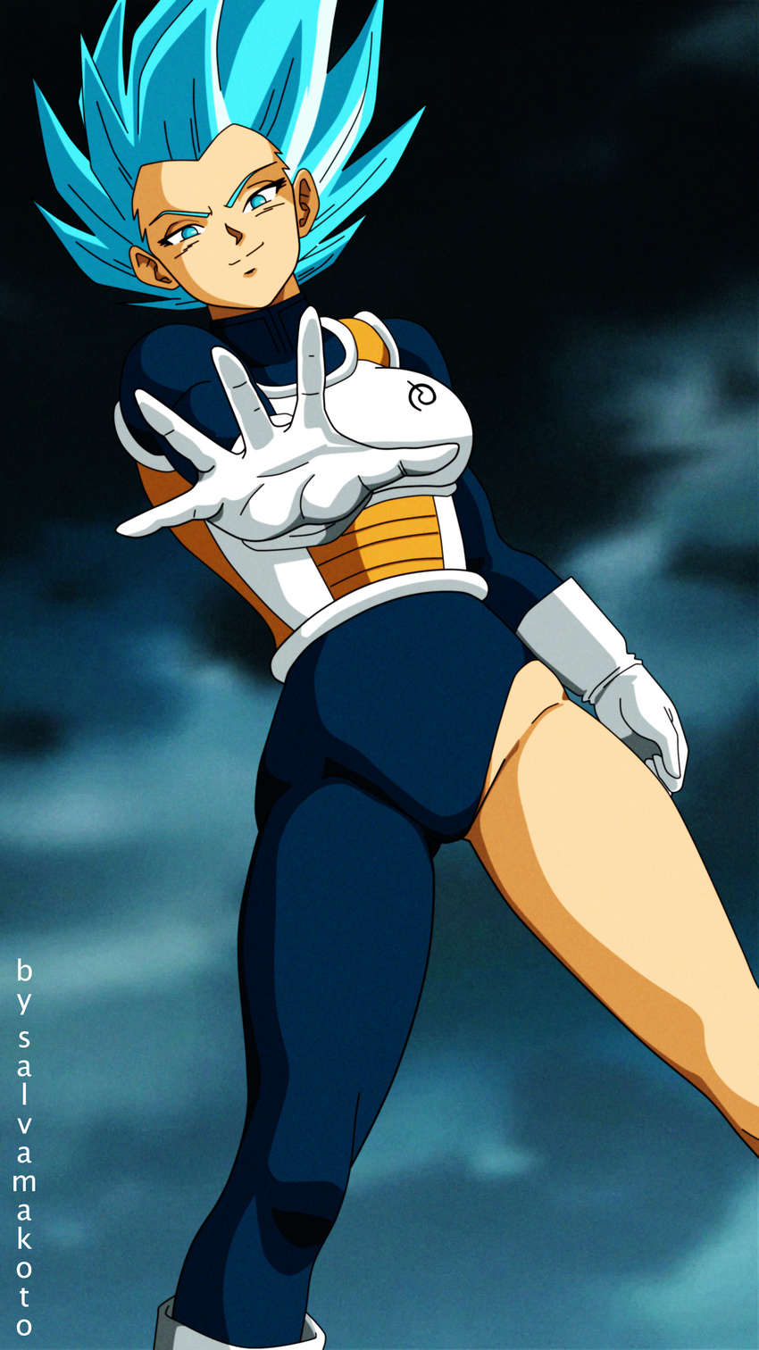 armor blue_eyes blue_hair dragon_ball dragon_ball_super dragonball_z genderswap gloves highres salvamakoto super_saiyan super_saiyan_blue vegeta