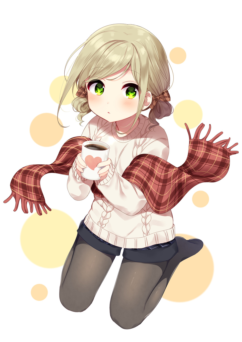 :o aran_sweater bad_id bad_pixiv_id bangs black_legwear blue_shorts blush bow brown_bow brown_scarf character_request coffee coffee_mug commentary_request cup eyebrows_visible_through_hair fingernails full_body green_eyes hair_bow heart highres holding holding_cup joshiyoru light_smile long_sleeves looking_at_viewer mafuyu_(chibi21) mug no_shoes official_art pantyhose parted_lips plaid plaid_bow plaid_scarf plaid_shorts scarf seiza short_shorts shorts sitting sleeves_past_wrists solo sweater white_background white_sweater