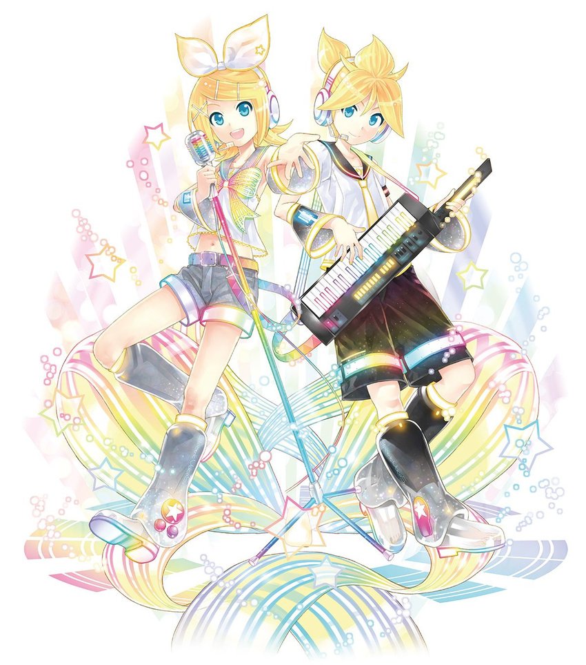 1girl belt blonde_hair blue_eyes bow detached_sleeves feet full_body hair_bow hair_ornament hairclip headphones headset highres instrument kagamine_len kagamine_rin kei_(keigarou) keytar leg_warmers looking_at_viewer microphone_stand navel necktie official_art outstretched_hand rainbow_gradient ribbon sailor_collar see-through shorts simple_background star toes vocaloid yellow_neckwear