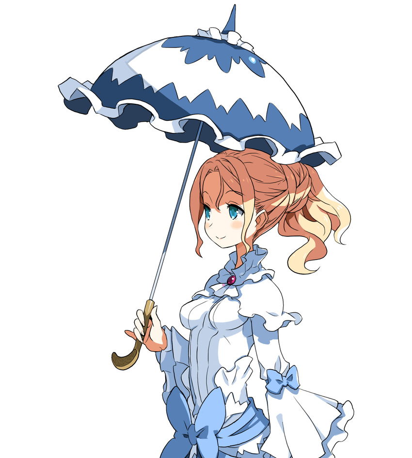 blonde_hair blue_eyes dress harada_takehito highres holding long_hair long_sleeves official_art parasol refrain_no_chika_meikyuu_to_majo_no_ryodan simple_background smile solo umbrella updo white_background white_dress