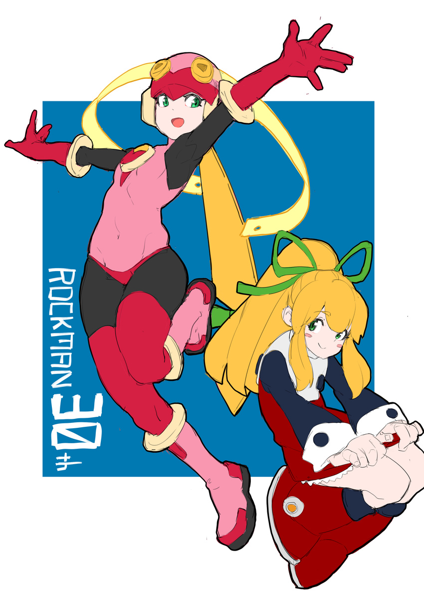 absurdres blonde_hair blush_stickers bodysuit commentary_request dress dual_persona flat_chest flat_color full_body gloves green_eyes hair_ribbon helmet highres makai multiple_girls pink_bodysuit red_dress red_gloves ribbon rockman rockman_(classic) rockman_exe roll roll_exe