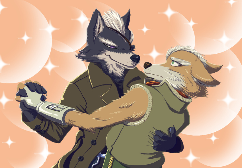 2017 anthro bedroom_eyes black_nose canine clothed clothing dancing digital_drawing_(artwork) digital_media_(artwork) duo eye_contact fox fox_mccloud fully_clothed fur half-closed_eyes hi_res male male/male mammal multicolored_fur naughty_face nintendo seductive smile star_fox video_games winedrinkercat wolf wolf_o'donnell