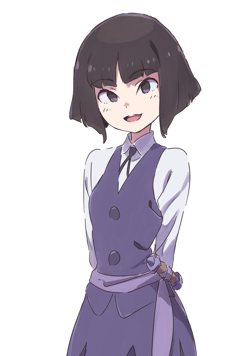 :d arms_behind_back black_hair blue_skirt blue_vest collared_shirt cowboy_shot extra eyebrows_visible_through_hair highres little_witch_academia long_sleeves looking_at_viewer luna_nova_school_uniform open_mouth purple_eyes shao-yi shirt short_hair simple_background skirt smile solo standing tama_(tama-s) vest wand white_background white_shirt wing_collar