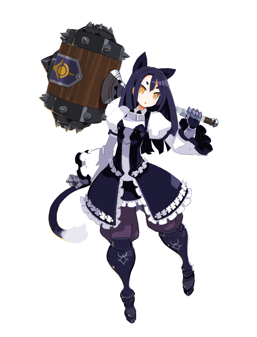 :o absurdres animal_ears arm_at_side arm_ribbon armor armored_boots bangs black_hair blue_bow blue_dress blue_pants blue_ribbon boots bow breasts cat_ears cat_tail dress frilled_dress frills full_body gauntlets gorget gothic_coppelia hammer hand_up harada_takehito head_tilt highres holding holding_hammer holding_weapon huge_weapon juliet_sleeves knee_boots legs_apart long_hair long_sleeves looking_at_viewer official_art pants parted_lips puffy_pants puffy_sleeves refrain_no_chika_meikyuu_to_majo_no_ryodan ribbon short_dress short_eyebrows simple_background slit_pupils small_breasts solo spikes standing straight_hair surprised tail weapon white_background white_dress wide_sleeves yellow_eyes