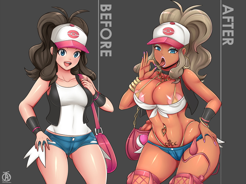 1girl baseball_cap belly bikini breasts brown_hair cap collar condom corruption dildo ganguro happy hat long_hair nail_polish pokemon pokemon_(game) pokemon_bw revolverwingstudios shirt shorts solo thighhighs tied_hair touko_(pokemon) vest