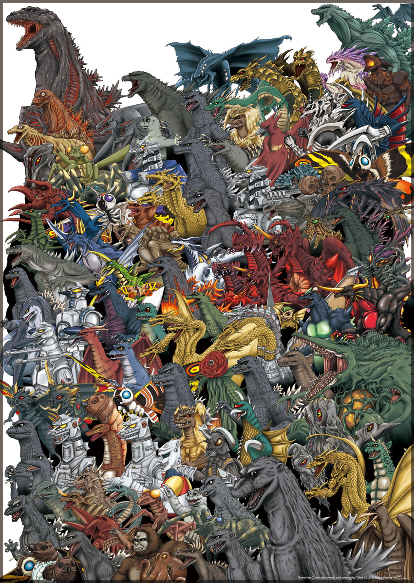 absurdres alien amputee anguirus ape armor baby_godzilla bagan baragon_(godzilla) battra biollante blood blue_eyes bug burning_godzilla butterfly claws clenched_hand crossover crystal cyborg deity destoroyah dinosaur dragon drill ebirah energy everyone fangs fighting_stance flower gabara garuda giant_condor_(godzilla) giant_monster gigan gills glowing glowing_eyes godzilla godzilla_(2014) godzilla_(series) godzilla_jr godzilla_vs._biollante godzilla_vs._destoroyah godzilla_vs._spacegodzilla gorilla gorosaurus graphite_(medium) hedorah highres horn horns injury insect jet_jaguar kaijuu kamacuras kamoebas keizer_ghidorah king_caesar king_ghidorah king_kong krystalak kumonga legendary_pictures little_godzilla long_image manda_(kaijuu) mecha mechagodzilla megaguirus megalon meganula meganulon military minilla moguera monster monster_in_kamata monster_x moth mothra multiple_heads multiple_persona mutant muto_(monster) no_humans obsidus octopus open_mouth orga_(godzilla) plant red_eyes robot rock rodan scar science_fiction servum sharp_teeth shin_godzilla shinomura shockirus simple_background skeleton slime spacegodzilla spikes standing tail teeth tentacles titanosaurus_(godzilla) toho_(film_company) tokusatsu traditional_media turtle type-3_kiryuu varan weapon white_background white_eyes wide_image wings zilla