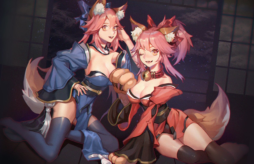 animal_ears arm_support arms_behind_back bangs bare_shoulders bell bell_collar black_legwear blue_bow blue_kimono blue_legwear bow breasts cat_paws claws cleavage collar dark detached_collar detached_sleeves dual_persona fang fate/extra fate/grand_order fate_(series) film_grain flipped_hair fox_ears fox_tail from_side gloves hair_bow hand_behind_head hand_on_hip hand_up high_ponytail indoors japanese_clothes jingle_bell kimono large_breasts leaning_to_the_side legs_together long_hair long_sleeves looking_at_viewer multiple_girls night obi on_floor one_eye_closed open_door parted_bangs paw_gloves paw_pose paw_shoes paws pelvic_curtain pink_hair ponytail red_bow red_collar red_kimono sash shadow shoes short_kimono shouji sideboob sidelocks sitting sleeves_past_wrists sliding_doors smile spread_legs tail tamamo_(fate)_(all) tamamo_cat_(fate) tamamo_no_mae_(fate) tassel tree wide_sleeves yan_wei_jiaonang yellow_eyes yokozuwari