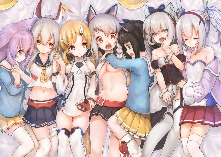 :&gt; :o ahoge anchor_symbol animal_ears apron ayanami_(azur_lane) azur_lane bangs bare_shoulders bed_sheet bell belt belt_buckle black_bow black_hair black_shirt black_skirt blonde_hair blue_eyes blue_nails blue_shirt blue_skirt bow braid breasts buckle bunny_ears cat_ears check_commentary closed_eyes closed_mouth commentary commentary_request covered_navel crop_top detached_sleeves eldridge_(azur_lane) eyebrows_visible_through_hair facial_mark fingerless_gloves garter_straps girl_sandwich gloves green_eyes hachachi hair_between_eyes hair_bow hairband hammann_(azur_lane) hat hat_removed headgear headwear_removed high_ponytail highres jacket jingle_bell kindergarten_uniform kisaragi_(azur_lane) laffey_(azur_lane) lifted_by_another long_hair long_sleeves looking_at_viewer low_twintails lying medium_breasts midriff multicolored multicolored_nails multiple_girls mutsuki_(azur_lane) nail_polish navel on_back on_side open_mouth parted_lips pink_eyes pink_hair pink_jacket pink_nails pleated_skirt ponytail puffy_short_sleeves puffy_sleeves purple_nails red_belt red_bow red_eyes red_hairband red_nails red_skirt remodel_(azur_lane) sailor_collar sandwiched school_hat school_uniform serafuku shirt shirt_lift short_sleeves side_braid silver_hair skirt skirt_lift sleeping small_breasts socks strapless thighhighs twintails underboob very_long_hair waist_apron white_apron white_legwear white_sailor_collar white_shirt wide_sleeves wrist_grab yellow_hat yellow_nails yellow_neckwear yellow_skirt yuudachi_(azur_lane)