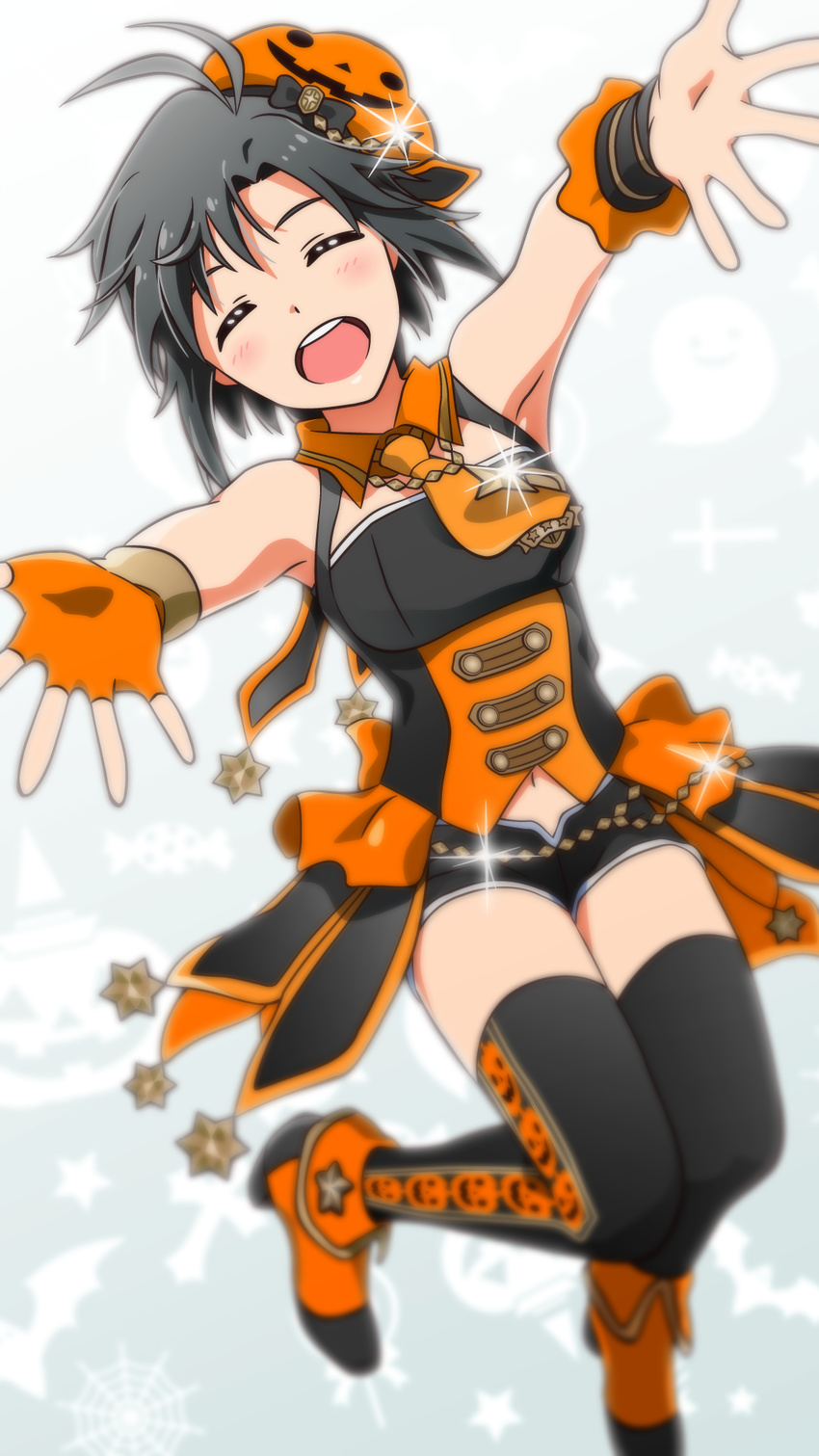 akizuki_ritchan antenna_hair asymmetrical_gloves black_hair black_legwear black_shorts closed_eyes fingerless_gloves gloves high_heels highres idolmaster idolmaster_(classic) idolmaster_platinum_stars kikuchi_makoto navel open_mouth orange_gloves outstretched_arms pumpkin_hat short_hair short_shorts shorts single_glove sleeveless solo sparkle thighhighs wrist_cuffs