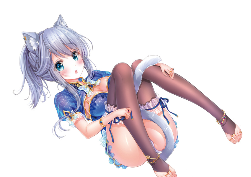 :o animal_ears areolae bangs between_legs black_legwear blue_dress blue_eyes blue_ribbon blush bow bowtie breasts bridal_legwear cat_ears cat_girl cat_tail china_dress chinese_clothes cleavage dress eyebrows_visible_through_hair fang frilled_legwear hair_between_eyes hand_on_leg holding jewelry large_areolae long_hair looking_at_viewer lying medium_breasts on_back original parted_lips pink_lips ponytail puffy_short_sleeves puffy_sleeves ribbon ring sakura_moyon short_sleeves sidelocks silver_hair simple_background solo tail tail_between_legs thighhighs wallpaper white_background