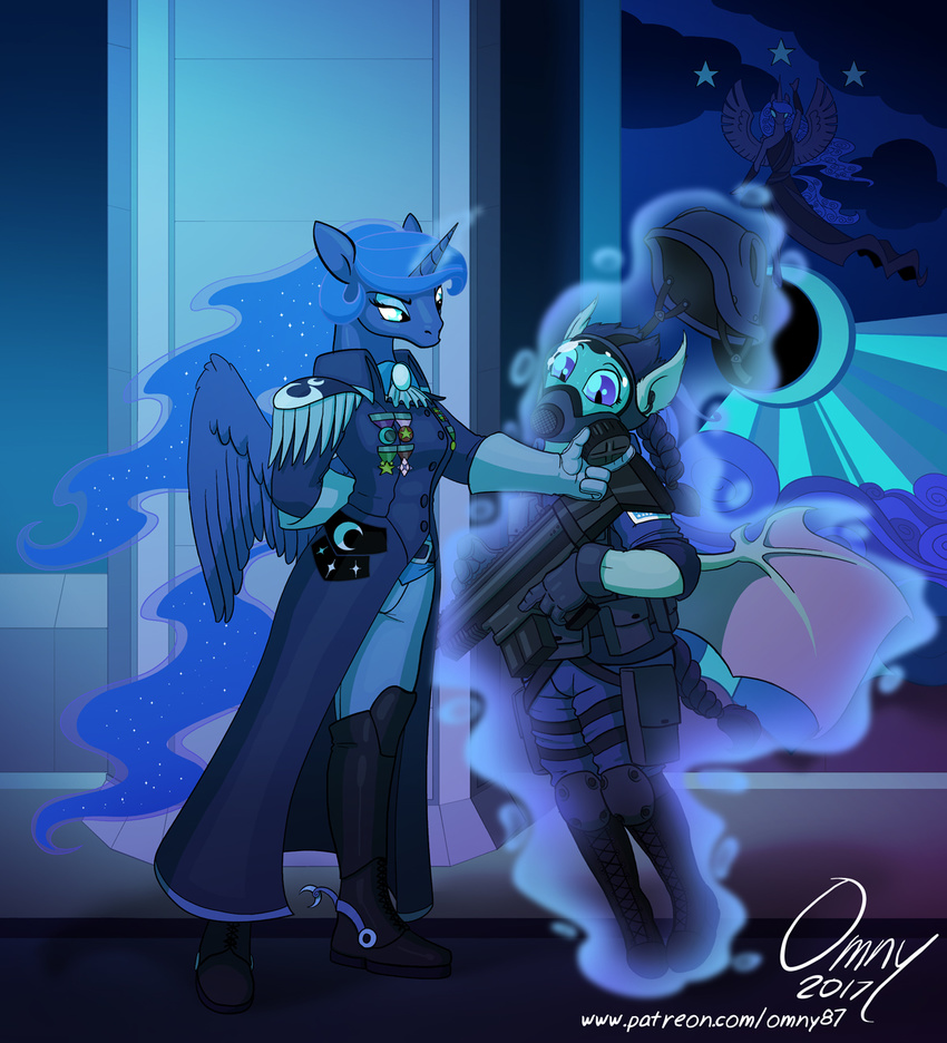 anthro anthrofied armor bat_pony bat_wings boots carpet clothing column footwear friendship_is_magic gas_mask gun helmet mask membranous_wings military my_little_pony omny87 pillar princess_luna_(mlp) ranged_weapon spurs trenchcoat weapon wings