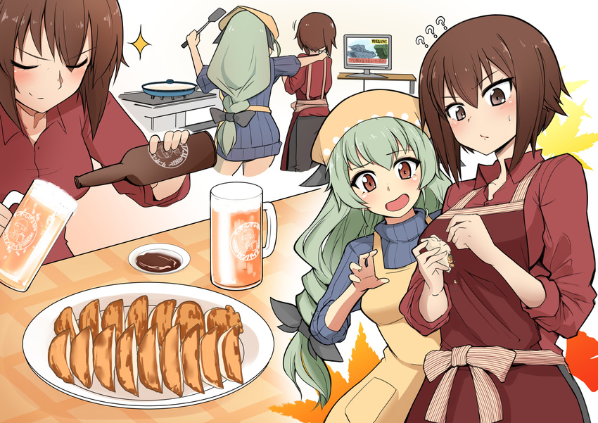 &gt;:) ? ?? absurdres alcohol alternate_costume alternate_hairstyle anchovy apron beer beer_bottle beer_mug blue_dress blush bottle breasts brown_eyes brown_hair casual closed_eyes closed_mouth commentary cooking cropped_legs cup dark_skin dress dumpling food frying_pan girls_und_panzer green_hair hair_ribbon head_scarf highres holding holding_bottle holding_cup hoshikawa_(hoshikawa_gusuku) jiaozi leaf long_hair low-tied_long_hair medium_breasts multiple_girls nishizumi_maho open_mouth outstretched_arm plate red_apron red_shirt ribbon shirt short_hair smile smug sparkle standing stove sweat sweater sweater_dress table tareme television tsurime upper_body v-shaped_eyebrows yellow_apron