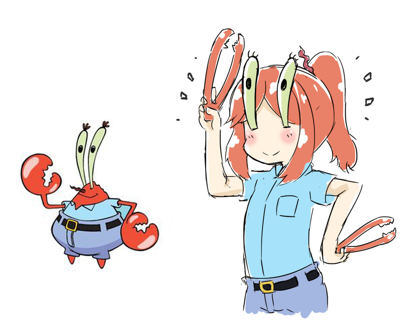 1boy 1girl blush commentary_request crab eugene_h._krabs genderswap genderswap_(mtf) greenteaneko highres humanization monster_girl ponytail red_hair shirt_tucked_in simple_background smile spongebob_squarepants tongs white_background yellow_sclera