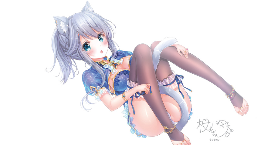 :o animal_ears anklet ass bangs black_legwear blue_dress blue_eyes blue_ribbon blush bow bowtie breasts bridal_legwear cat_ears cat_girl cat_tail china_dress chinese_clothes cleavage dress eyebrows_visible_through_hair fang frilled_legwear hair_between_eyes hand_on_leg heart highres jewelry large_breasts long_hair looking_at_viewer no_shoes original panties parted_lips pink_lips ponytail puffy_short_sleeves puffy_sleeves ribbon ring sakura_moyon short_sleeves sidelocks signature silver_hair simple_background solo tail thighhighs toenails underwear wallpaper white_background white_panties