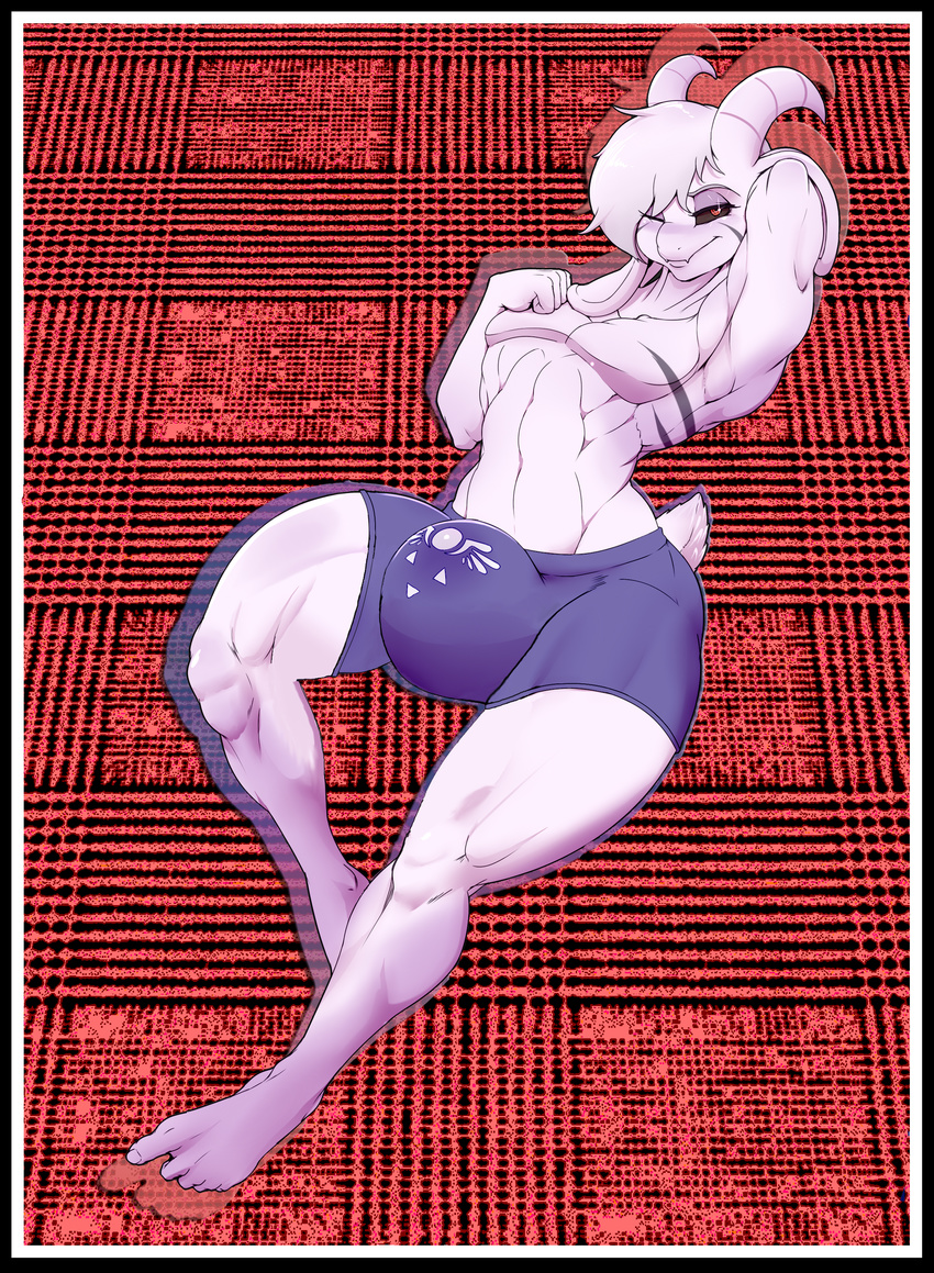 5_fingers 5_toes abs absurd_res anthro asriel_dreemurr balls bedroom_eyes ber00 big_bulge biped black_sclera briefs bulge caprine clothed clothing color_contrast curved_horn digital_drawing_(artwork) digital_media_(artwork) edit eunuch feet floppy_ears fringe full-length_portrait girly goat god_of_hyperdeath hair half-closed_eyes hand_behind_head hi_res humanoid_feet humanoid_hands hyper hyper_bulge long_ears male mammal muscular muscular_male obliques outline pecs pinup portrait pose quads red_background red_eyes seductive short_hair short_tail simple_background skimpy soft_shading tight_underwear toenails toes topless triceps undertale underwear video_games