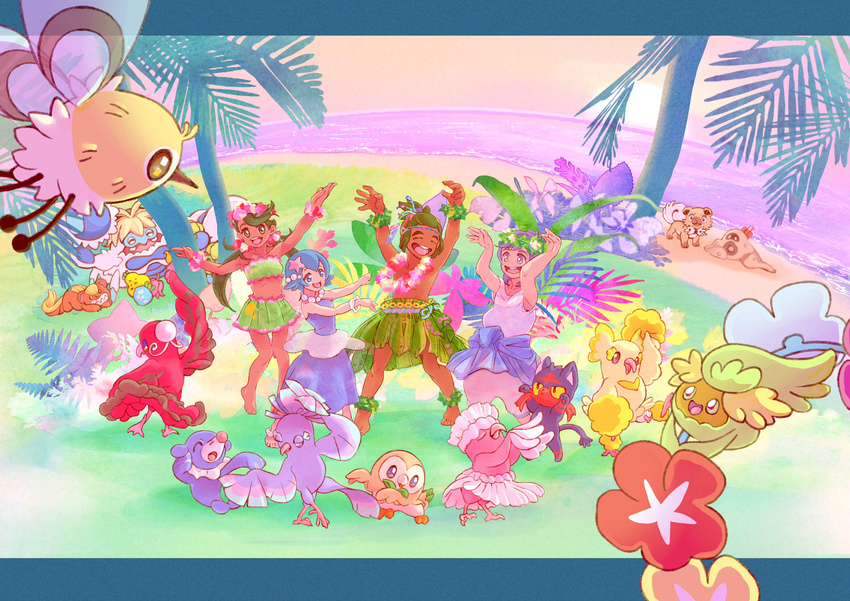 2girls absurdres bad_id bad_pixiv_id beach berry bird cat comfey cutiefly fern flower gen_7_pokemon grass grass_skirt hau_(pokemon) head_wreath highres hula jewelry lei litten mao_(pokemon) multiple_boys multiple_girls necklace ocean oricorio owl palm_tree palossand pearl_necklace pokemon pokemon_(game) pokemon_sm pokemon_usum popplio rockruff rowlet sand sea_lion starfish_hair_ornament suiren_(pokemon) sun sunset tree tsunetowako water you_(pokemon)