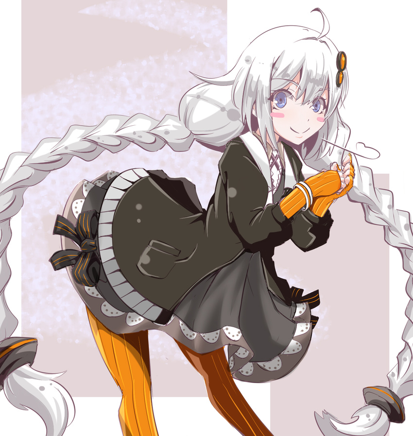 ahoge bangle bangs black_dress blue_eyes blush_stickers bracelet braid closed_mouth commentary_request dress eyebrows_visible_through_hair fingerless_gloves gloves hair_ornament hairpin highres jewelry kizuna_akari leaning_forward long_hair long_sleeves looking_at_viewer orange_gloves orange_legwear pantyhose sika_(kakakaka) silver_hair smug solo standing striped striped_background twin_braids twintails vertical-striped_background vertical_stripes very_long_hair vocaloid voiceroid wide-eyed