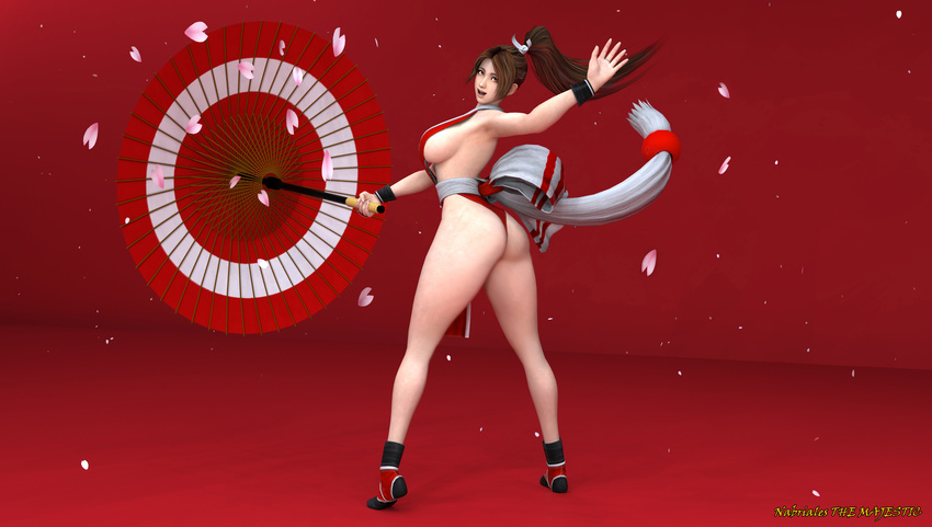 1girl 3d alone arm_up asian ass back bare_shoulders breasts brown_eyes brown_hair curvy fatal_fury female hips holding king_of_fighters large_breasts long_hair looking_back ponytail red_background sakura_petals shiranui_mai sideboob solo standing the_majestic thick_thighs thighs umbrella wide_hips