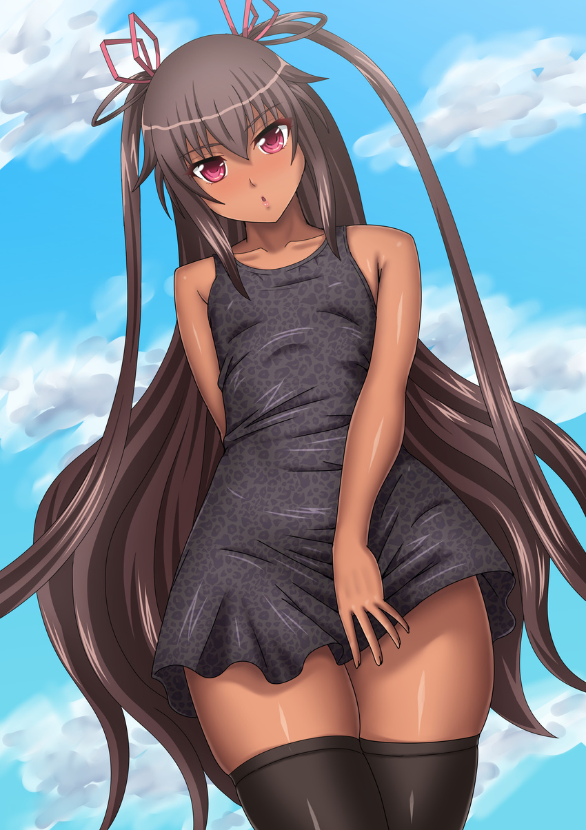 1girl bare_shoulders black_legwear breasts brown_eyes dark_skin dress female long_hair looking_at_viewer mizuki_yukikaze mizutani_rin shiny_skin sky small_breasts solo standing taimanin_(series) taimanin_yukikaze tan twintails very_long_hair