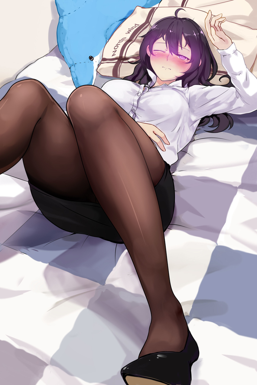 3: ;&gt; absurdres ahoge bangs bed beifeng_han black_footwear black_skirt blush breasts closed_mouth commentary_request dress_shirt ear_blush frown glowing glowing_eyes hair_between_eyes hand_on_own_stomach hand_up highres knees_up large_breasts long_hair long_sleeves lying miyaura_sanshio nose_blush on_back on_bed one_eye_closed original pantyhose pencil_skirt pillow purple_eyes purple_hair rolling_eyes shiny shiny_hair shirt shoes skirt solo stuffed_animal stuffed_dolphin stuffed_toy white_shirt