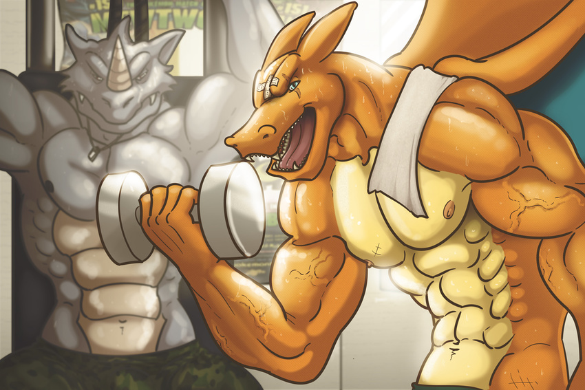 abs band-aid bandage biceps bogrim charizard clothed clothing duo exercise fangs flexing gym horn looking_at_viewer male muscular navel nintendo nipples pecs pok&eacute;mon pok&eacute;mon_(species) reptile rhydon scales scalie scar sweat topless triceps vein veiny_muscles video_games wings workout