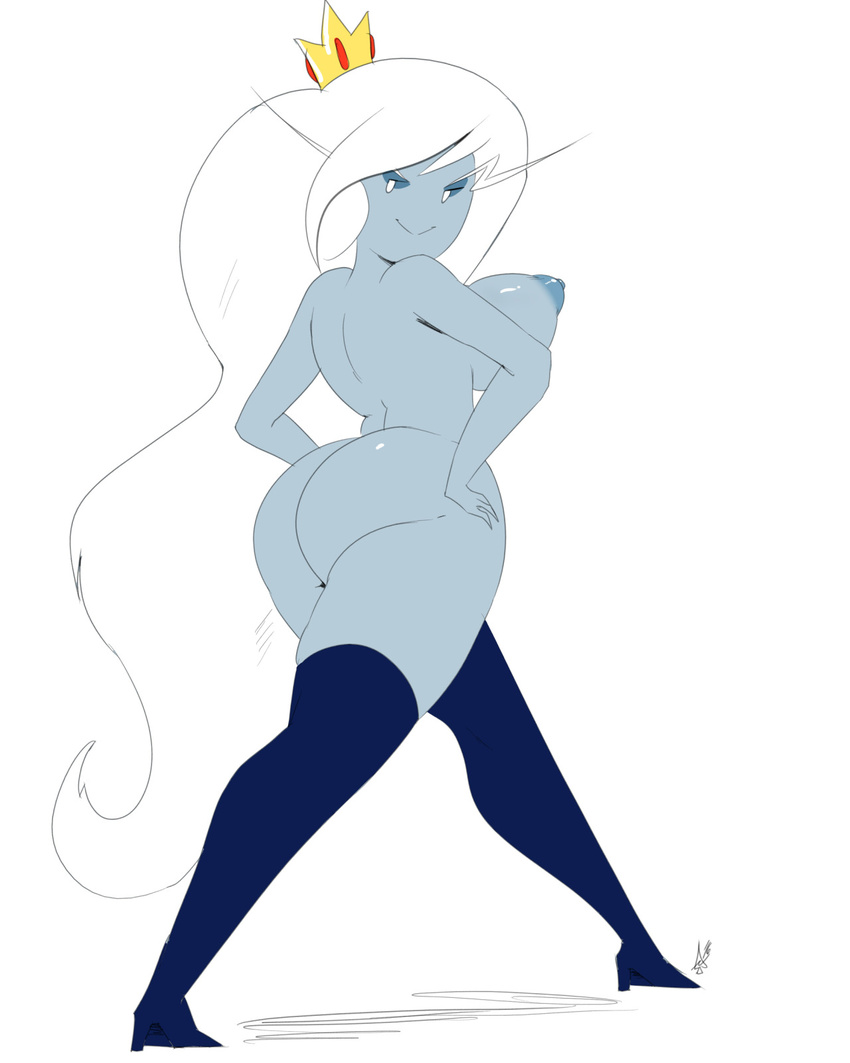 1girl adventure_time ass blue_skin breasts crown eyebrows ice_queen leggings looking_at_viewer nipples nude smile solo thehumancopier thighhighs walking white_hair